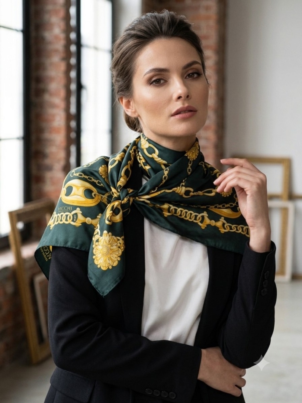 Luxury Baroque Golden Chains Dark Green Silk-Feel Scarf